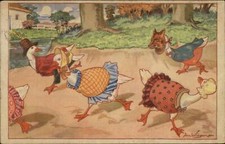 Fantasy Dressed Geese Fox Mask Chasing - JAN WIEGMAN Old Postcard