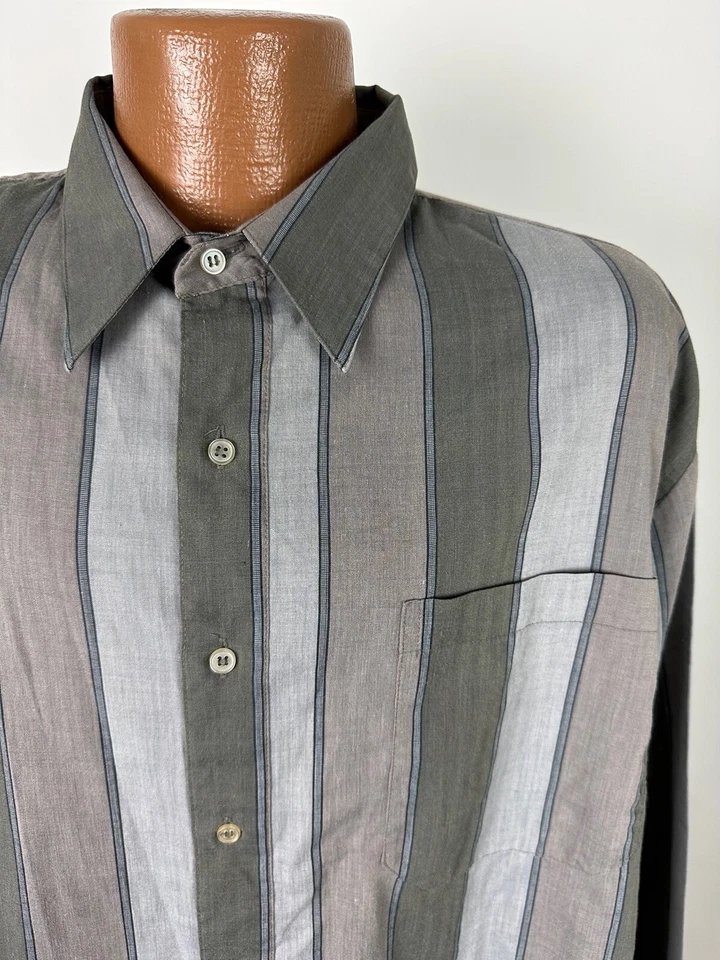 Vintage 80s 90s IMPACT Shirt Men 2XLT TALL Gray Striped Long Sleeve Button Down - Image 2 of 4