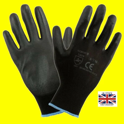 1, 12 or 24 Pairs Black Nylon PU Safety Work Gloves Builders Grip Gardening