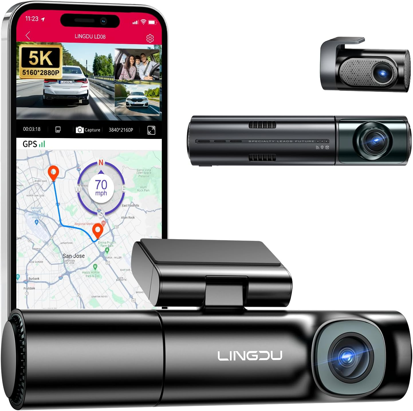 LD08 5K 3-Channel Dash Cam with 128GB eMMC and ADAS for Front and Rear
