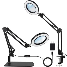 2-in-1 LED Magnifier Desk Lamp with Clamp,Magnifying Glass with Light and Sta...