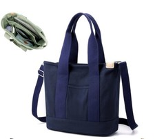 Women’s Canvas Multi-Pocket Hand/Shoulder/tote Zip Up Bag-detachable Strap NAVY