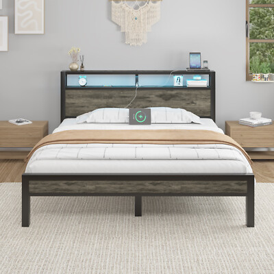 Bed Fame Queen/Full/King Size with Wooden Storage Headboard and Charging Station