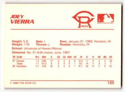 1989 Star #189 Joey Vierra Cedar Rapids Reds Baseball Cards NM-MT