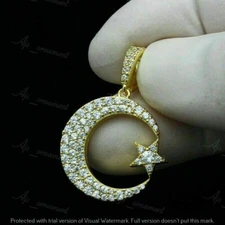 2CT Lab Created Diamond Crescent Moon & Star Pendant Round 14K Yellow Gold Over