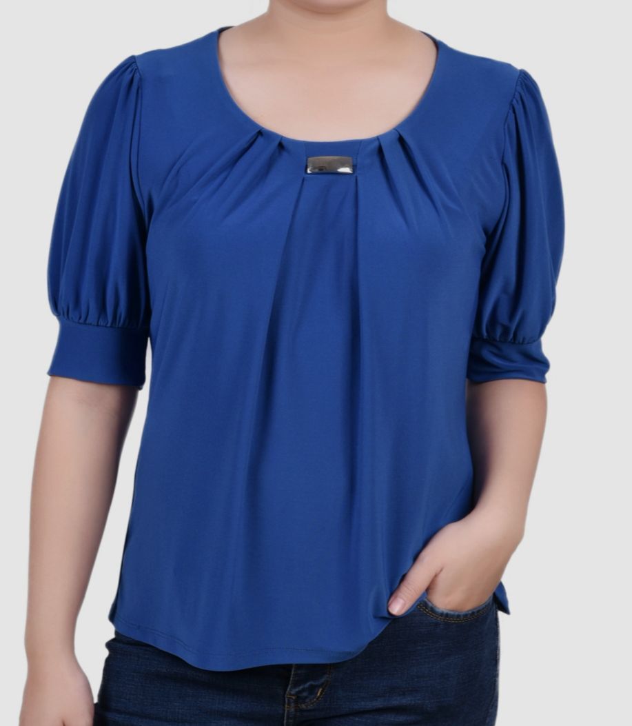 売れ筋商品|||ニューヨークコレクション カットソー トップス レディース Petite Short Sleeve Balloon Sleeve Top Parisan Blue NY Collection Women's Blue Short Sleeve Balloon Sleeve Top