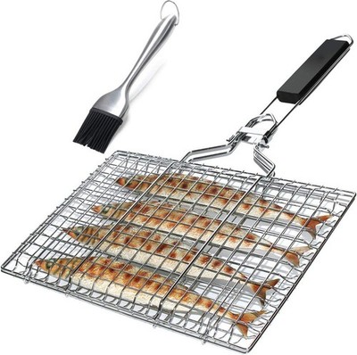 BBQ Grill Basket Stainless Steel Folding Fish Grilling Cage w/ Brush Bag
