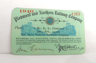 Great Graphics 1940 Piedmont & Northern Railway Co. Yearly Pass # 1265! Mint!!