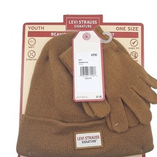 Levi Strauss Signature Youth Beanie  Gloves Set Rubber Brown Winter Hat NEW