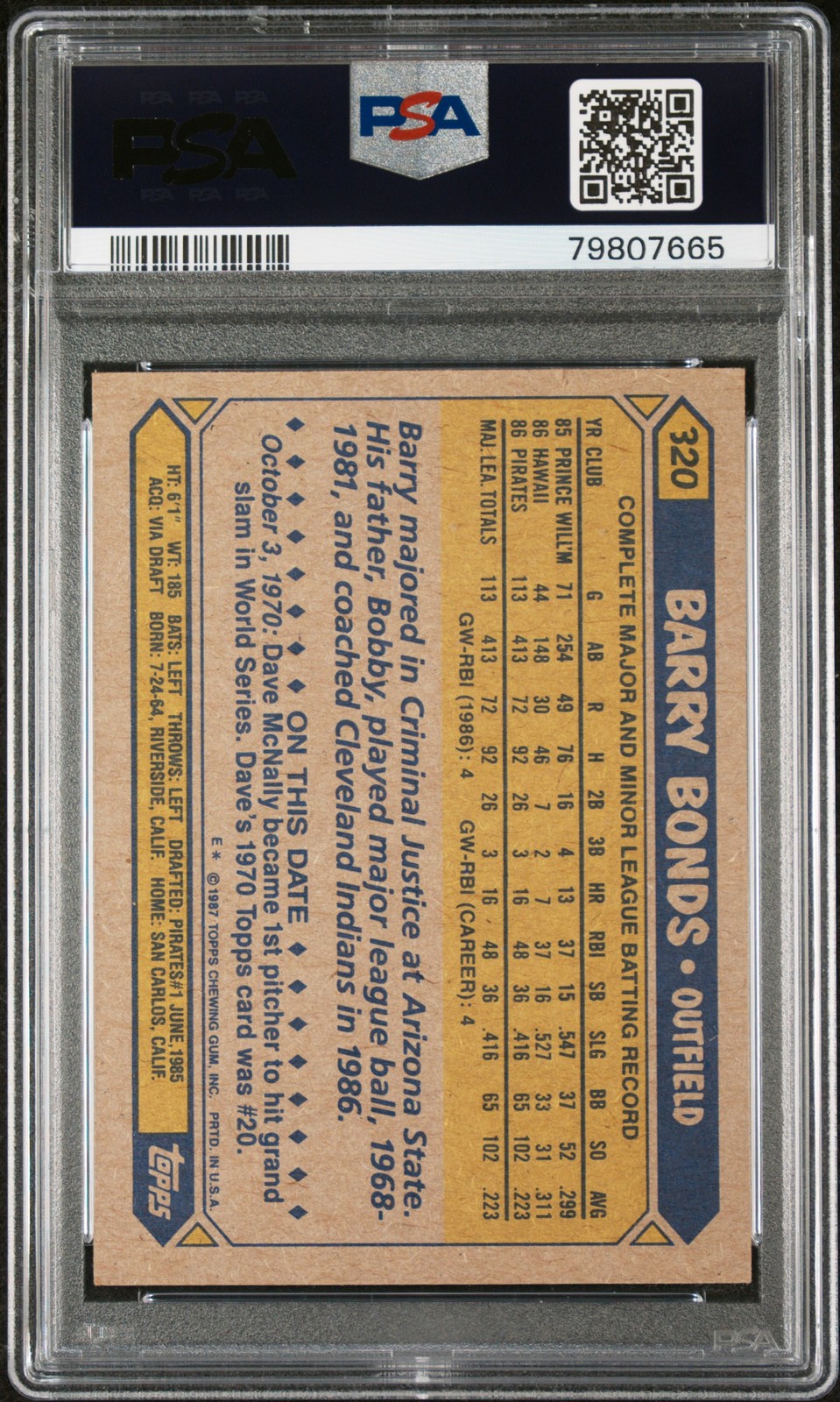 1987 TOPPS #320 BARRY BONDS ROOKIE RC PSA 4 view 2