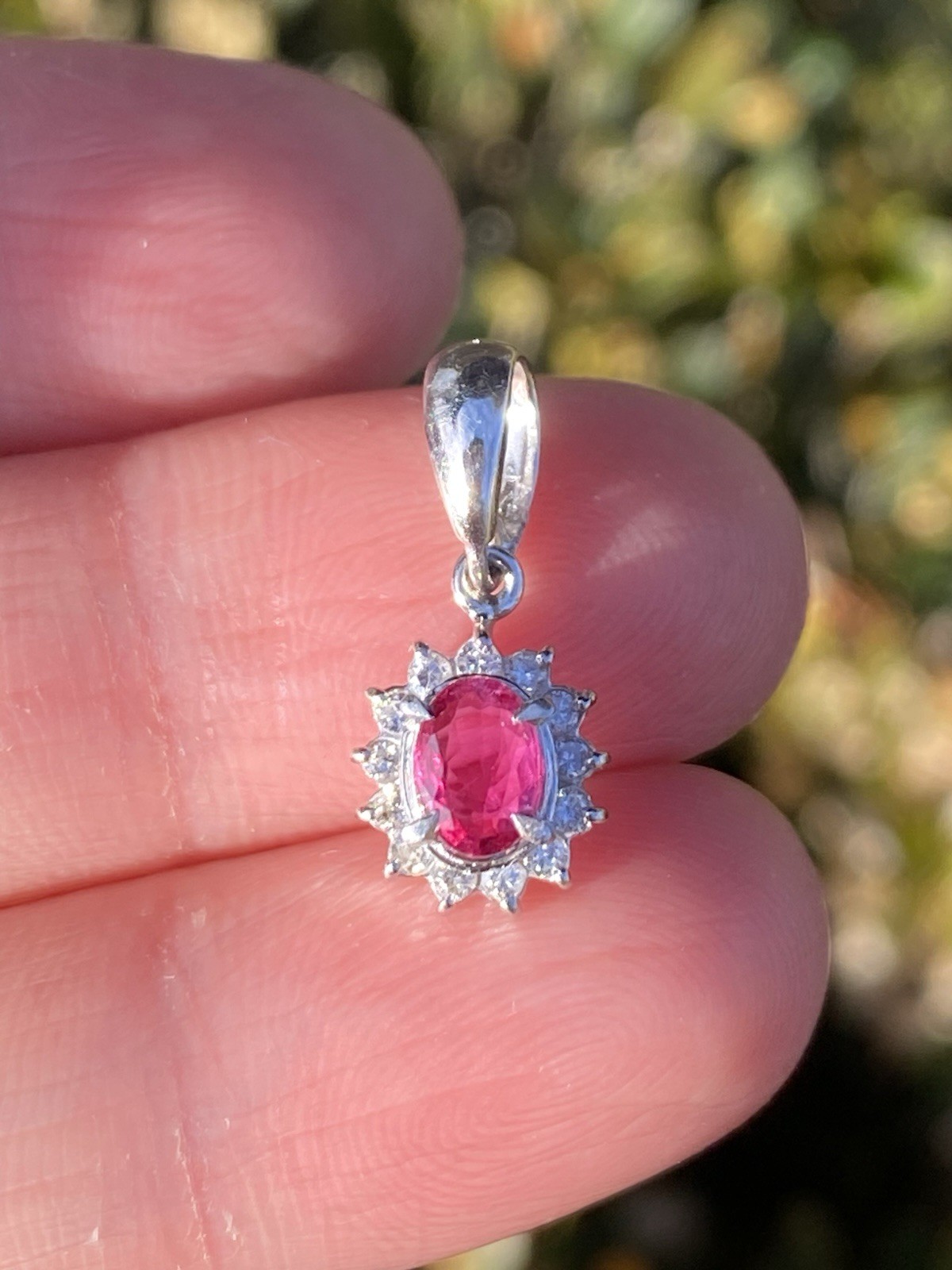 Solid Platinum Natural Ruby And Diamond Halo Pend… - image 1