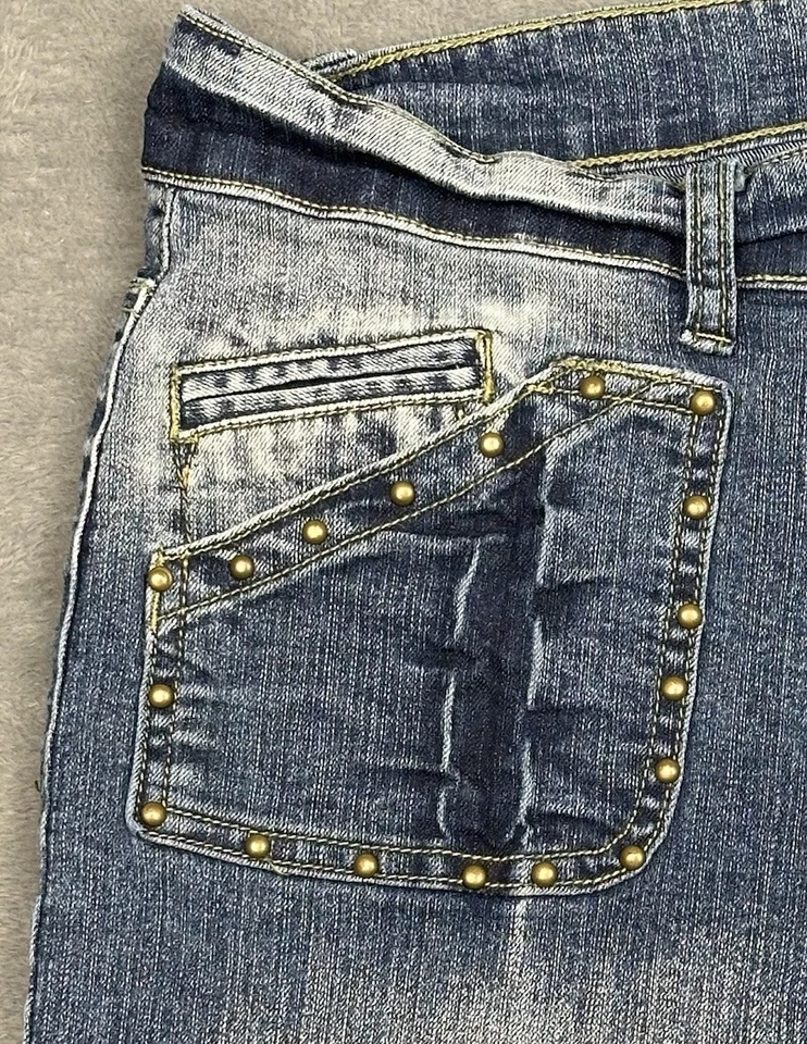 Pantalones de mezclilla Apollo para mujer 17/18 (36x31) azul corte bota desgastado solapa bolsillos tachonados Foto 4 de 4