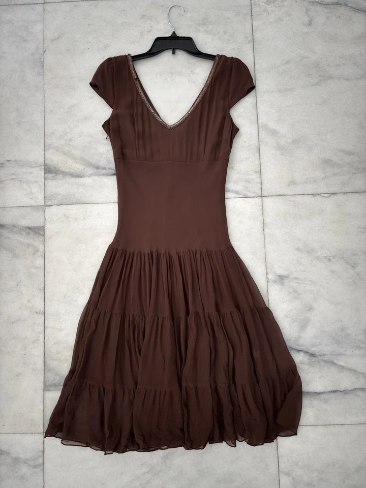 Vestido Dressbarn Años 90 Y2K De Colección Marrón Seda Lentejuelas Ribete Manga Gorra Cintura Caída Talla 10 Foto 2 de 4