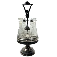 Antique Victorian Reed & Barton Silverplate Caddy Etched Glass Castor Cruet Set