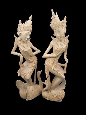Signed Wayan Rendah Balinese Crocodile Wood Statuettes Dewi Ratih Goddess Pair