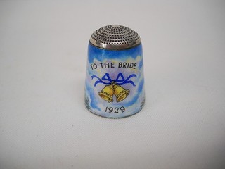 Rare PETER SWINGLER STERLING ENAMEL THIMBLE TO THE BRIDE 1929 BRIDE & GROOM VG