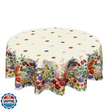 Spring Summer Flower Round Tablecloth 60 Inch Vintage Floral Butterfly Polyes