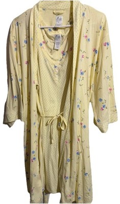 Aria Women's Robe Set Yellow Floral XL 3/4 Sleeve Tie Belted VNeck Cotton Blend