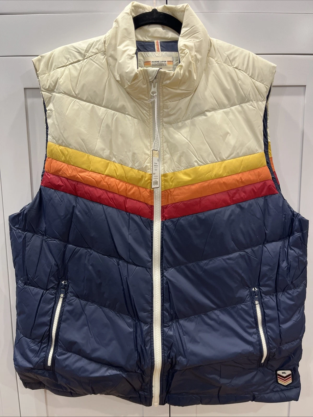 NWT Marine Layer Archive Boreal Puffer Vest Navy Sunset Colorblock Men's XL $158 - product detail image 1
