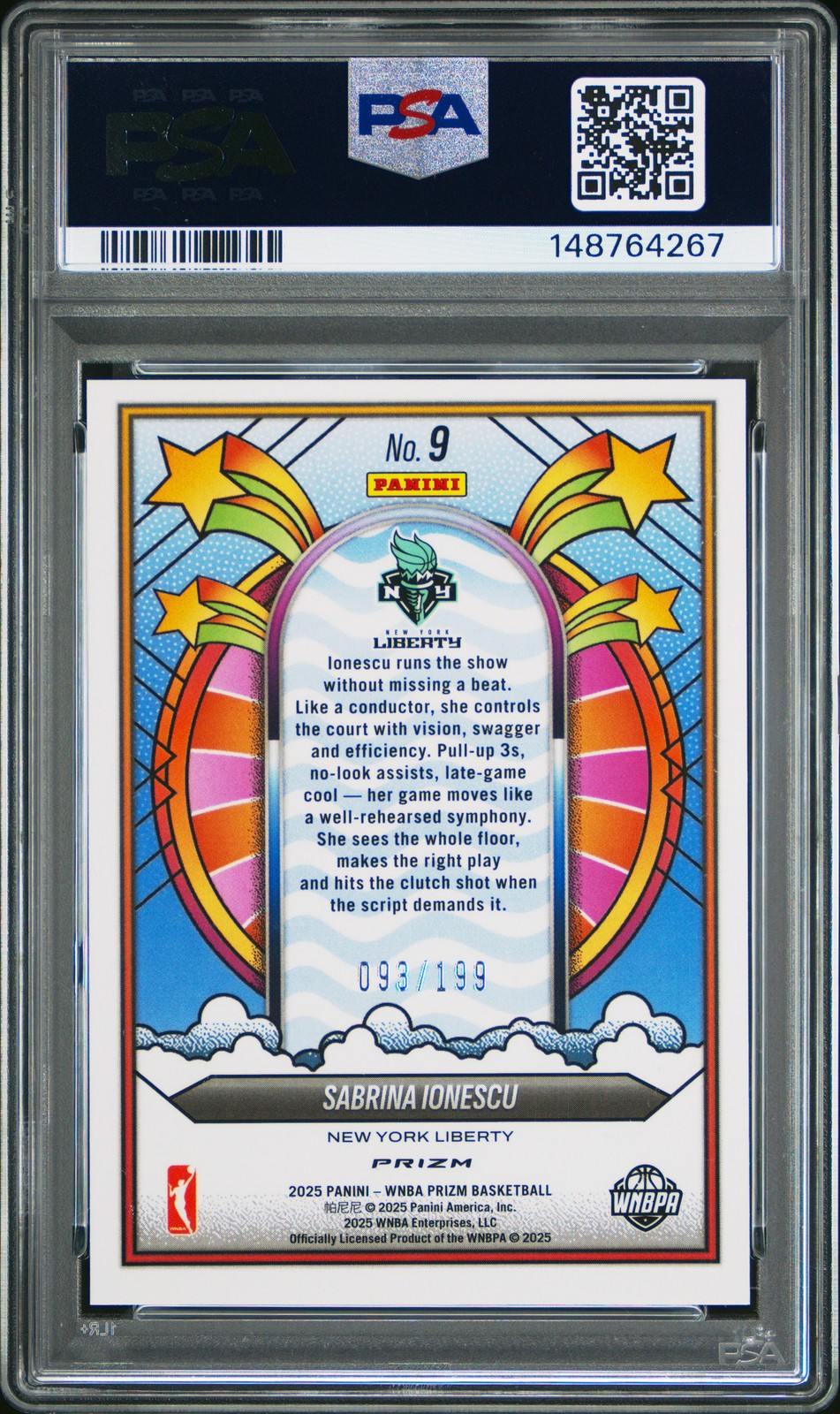Sabrina Ionescu 2025 Prizm WNBA Groovy #9 Blue Pulsar /199 PSA 10 NY Liberty view 2