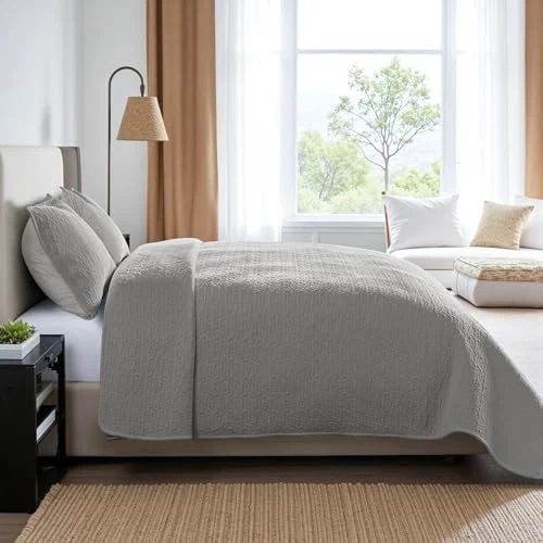 Juego de edredón de terciopelo de lujo tamaño, colcha acolchada de gran tamaño Queen gris suave Foto 3 de 4