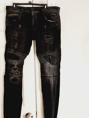 Rock Star Original Men Black Distressed Jeans, Zippers Pockets Size 36 