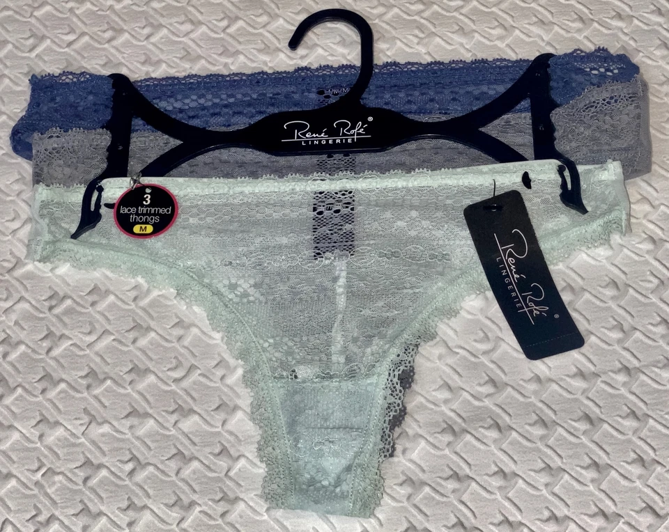 RENE ROFE 3 Pack Lace Trim Mint Green Blue Grey Mesh Thong Panty Womens M 6 L 7 - Image 2 of 4
