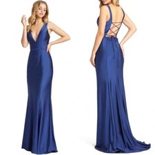 Mac Duggal Sapphire Blue Plunge Neck Satin Lace Up Back Trumpet Gown Sz 12 $338