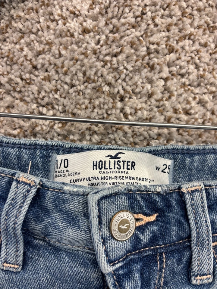 Pantalones Cortos Hollister Curvy Cintura Ultra Alta Mamá 3" Entrepierna Denim Margarita Bordado W25 Foto 2 de 4