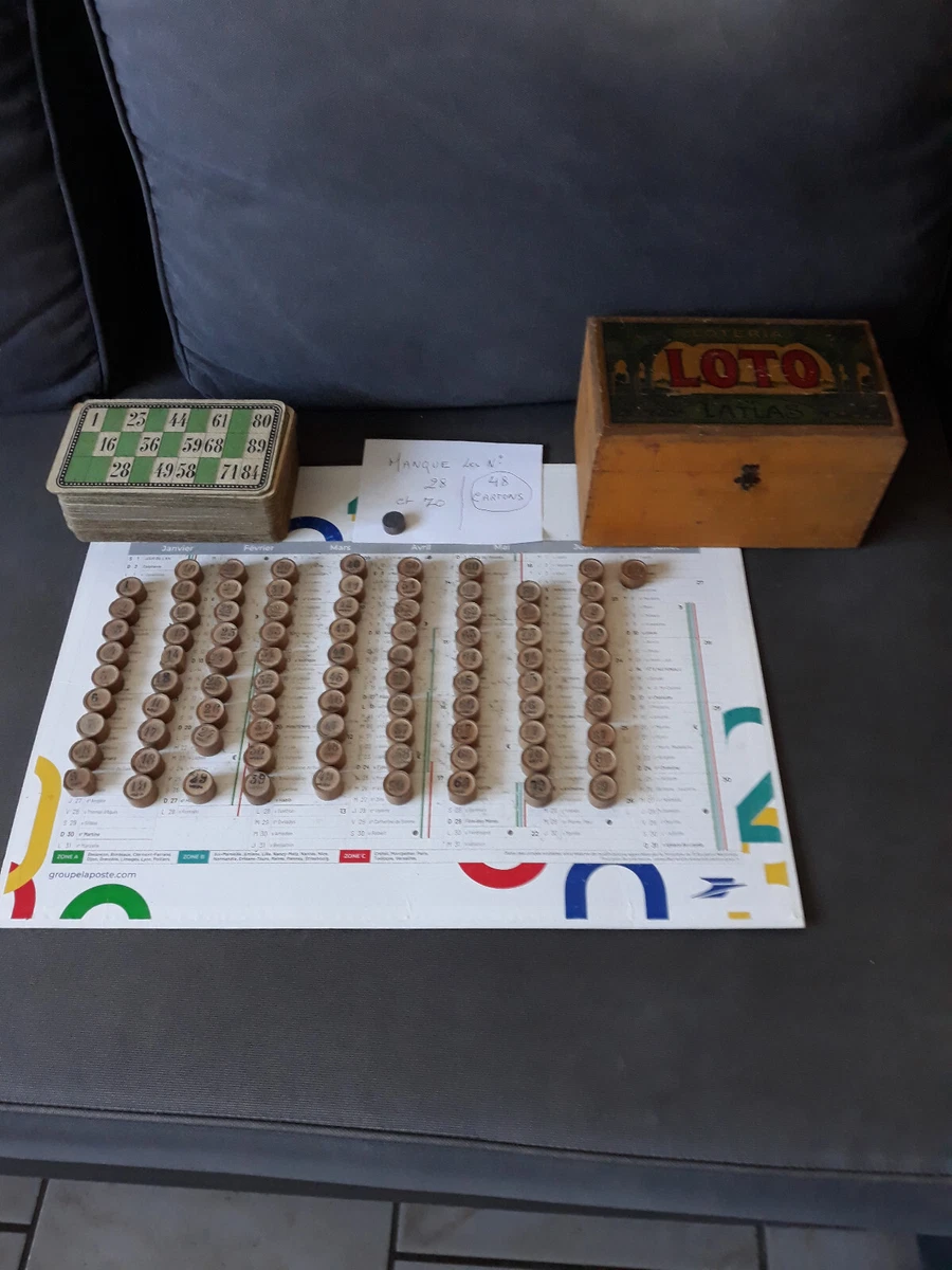 Boîte Loterie en bois et 48 cartes et 90 fiches recto verso