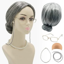 Grandma Old Lady Dress Up Set Granny Costume Wig 4 Pcs Adult  Kid AE