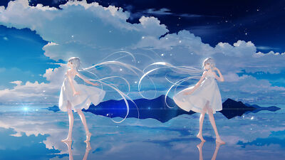 Anime Sky Two Women Clouds Long Hair Silver Hair  Gaming Mat Desk 6747