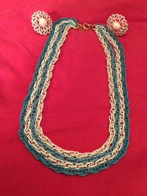 Trifari Crown (c) light weight Turquoise White Chain Necklace, Filigree Earrings
