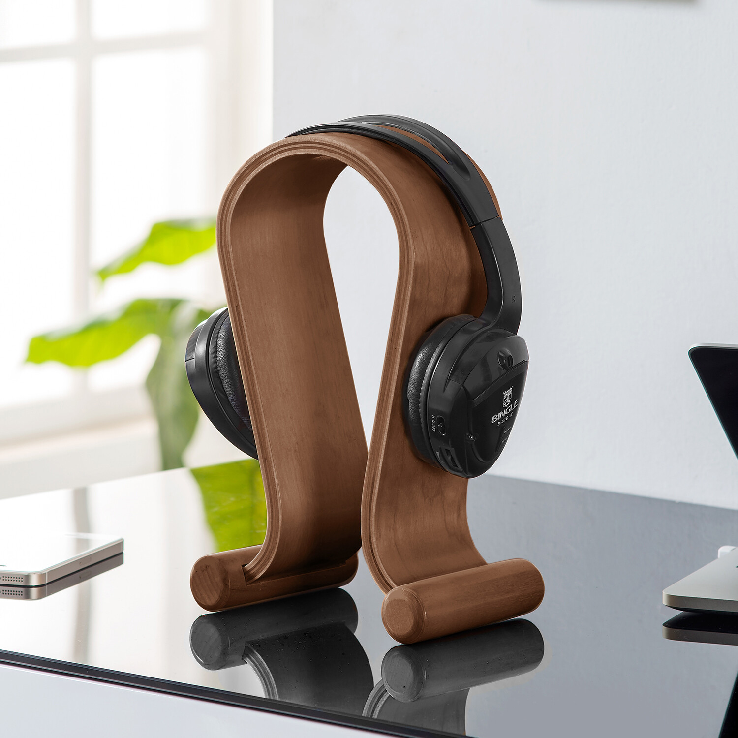 Support pour casque audio bois pour éviter rayures et encombrement