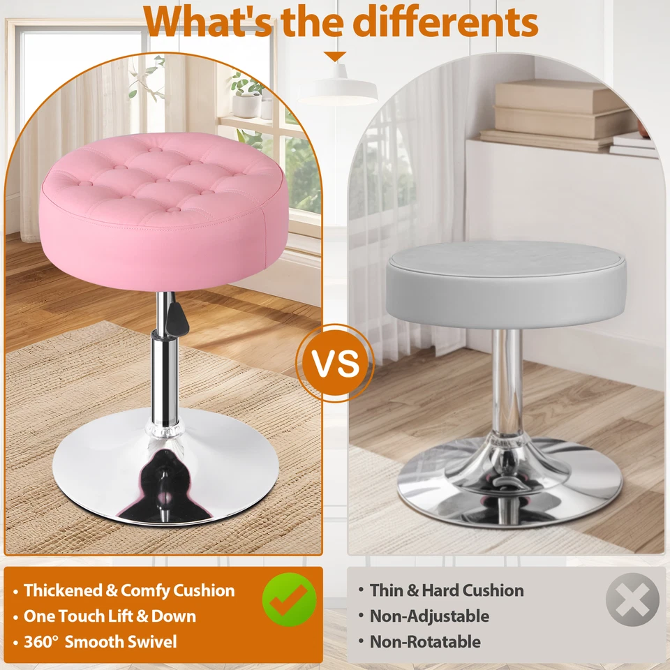 Adjustable Vanity Stool 360° Swivel Ottoman Chair Stool for Makeup Room Pink - Image 4 of 4
