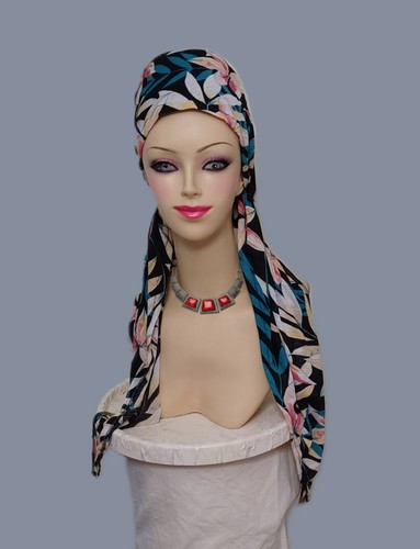 PRE-TIED SCARFS LONG TAIL Head Covereing.Tichel 35X 58X35 / Floral Multicolor - Picture 4 of 8