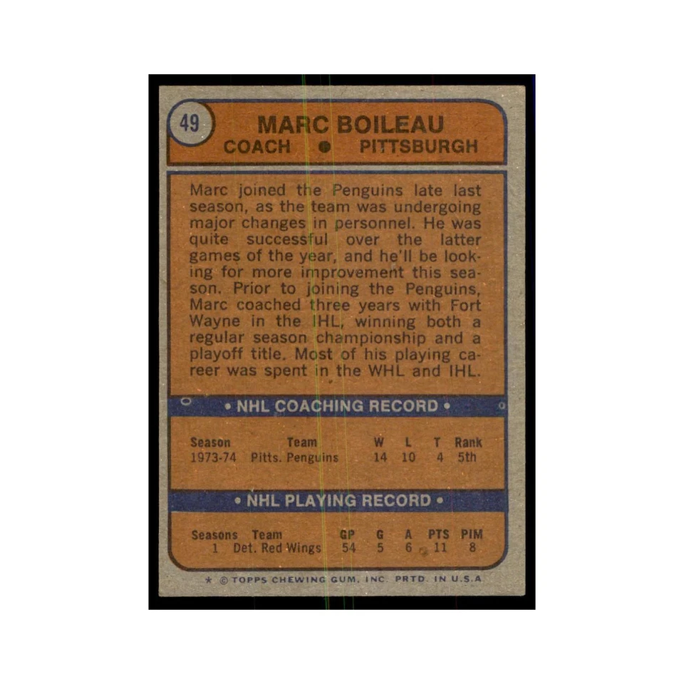 Marc Boileau 1974 Topps #49 Hockey Cards Hockey Card EX - Image 2 of 3