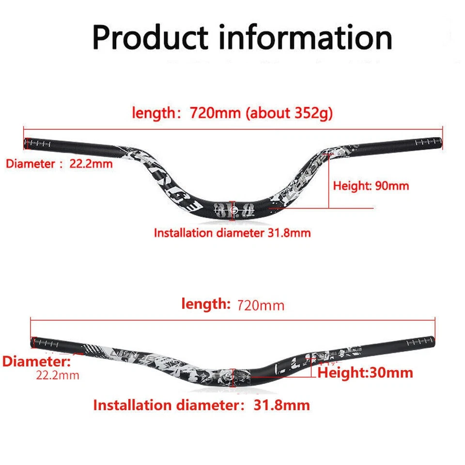 Manillar de bicicleta de montaña MTB 30/90 mm elevación 720 mm largo elevador de bicicleta para ciclismo Foto 3 de 4