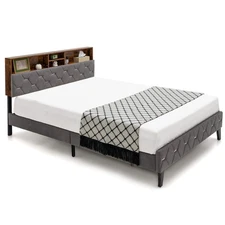 Full Bed Frame Upholstered Platform Bed Mattress Foundation w/ Storage Headboard