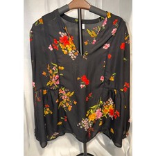 Old Navy L Black Floral Sheer Peplum Blouse Cottagecore Boho Chic