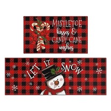 Buffalo Plaid Snowman Christmas Kitchen Rugs and Mats Set 2 Piece for