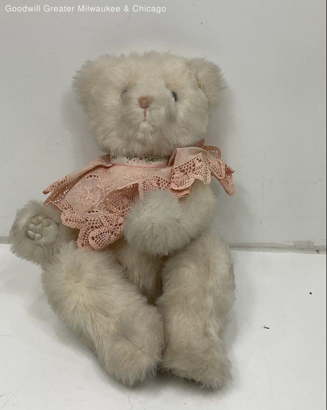 Vintage White Plush Teddy Bear w/Pink Lace Accents