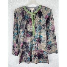 Tracy Porter Floral Tunic Top Womens Small 4-6 Gray Blue Purple Embroidered Trim