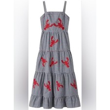 XIAOCHA Lobster Embroidered Gingham Tiered Maxi Dress Sundress S Blue White