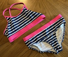 Lands' End Girls Pink/Navy/White Bikini Top and Bottoms UPF 50 Swimsuit, Size 14