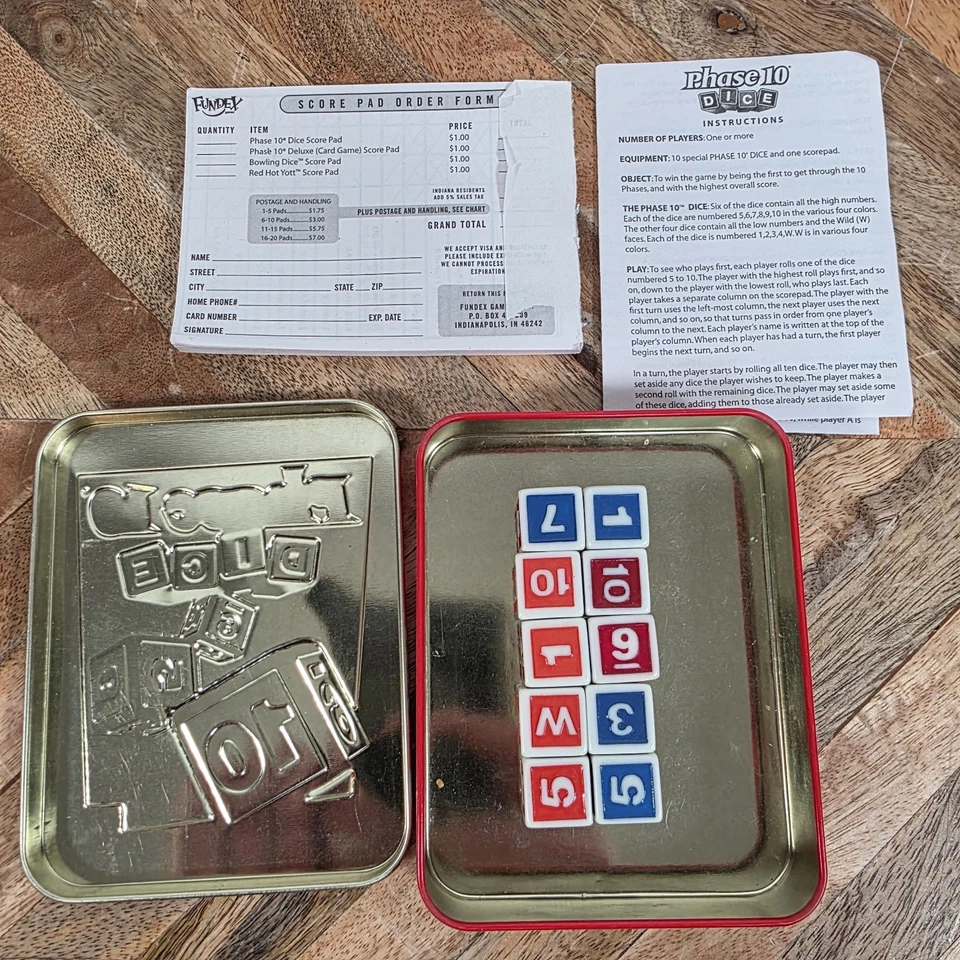 Phase 10 Dice Fundex Fun Challenging Dice Rolling Score Game 1998 Complete Tin - Image 3 of 3