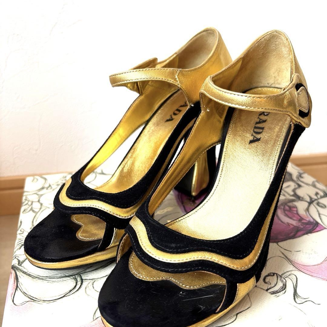 Rare PRADA Gold Black Open Toe High Heel Sandals Size 35.5 (US 6.5) image 9