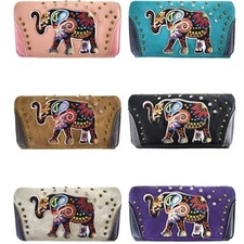 Embroidered elephant Leather Crossbody Wallet Women Wristlet Trifold Clutch