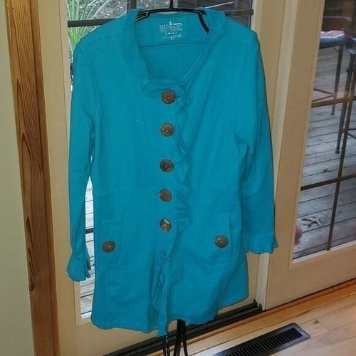 Neon Buddha Aqua Unique Buttons Long Stretch Lagenlook Sz XL Jacket w Pockets - Picture 2 of 14