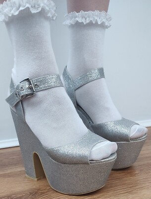 Koi Couture Silber Glitzer sehr hoher Keilabsatz Plateau Sandale Schuhe UK 5 NEU